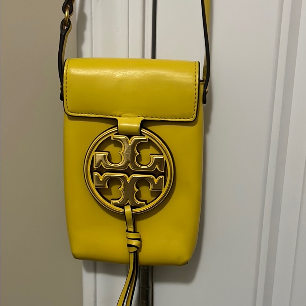 Tory Burch Yellow Leather Crossbody Bag with Gold Medallion